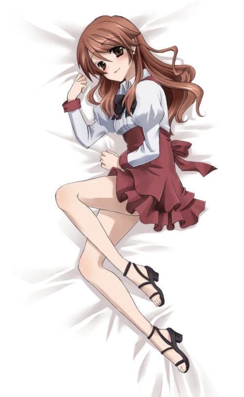 bed, bed_sheet, blush, bow, brown_eyes, brown_hair, cross_days, crossdressing