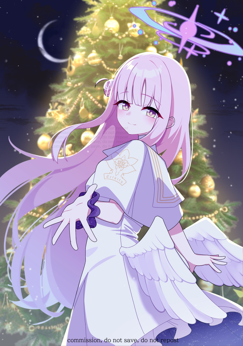 1girl, absurdres, angel_wings, blue_archive, blush, capelet, christmas_tree, closed_mouth