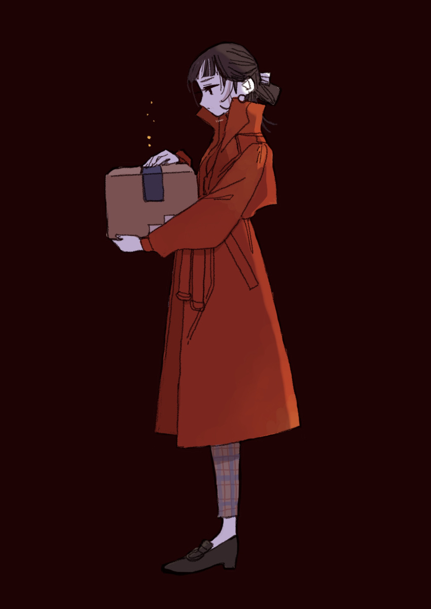 1girl, absurdres, black_shoes, bow, box, brown_hair, brown_pants, cardboard_box