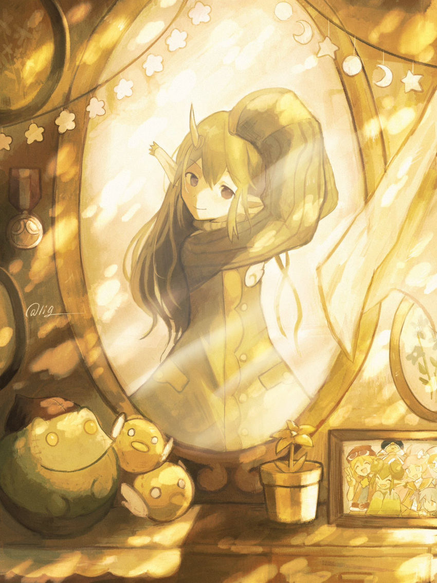 1girl, amitie_(puyopuyo), arms_up, artist_name, closed_mouth, curtains, dress, flower