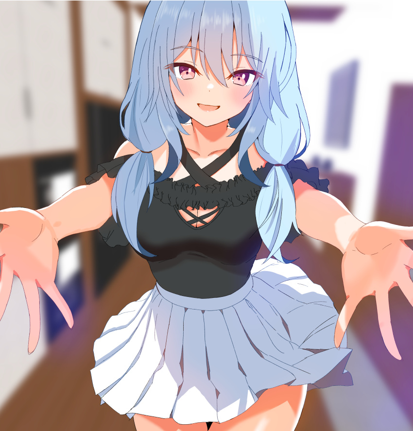1girl, 2024, :d, absurdres, bare_shoulders, black_shirt, blue_hair, blurry