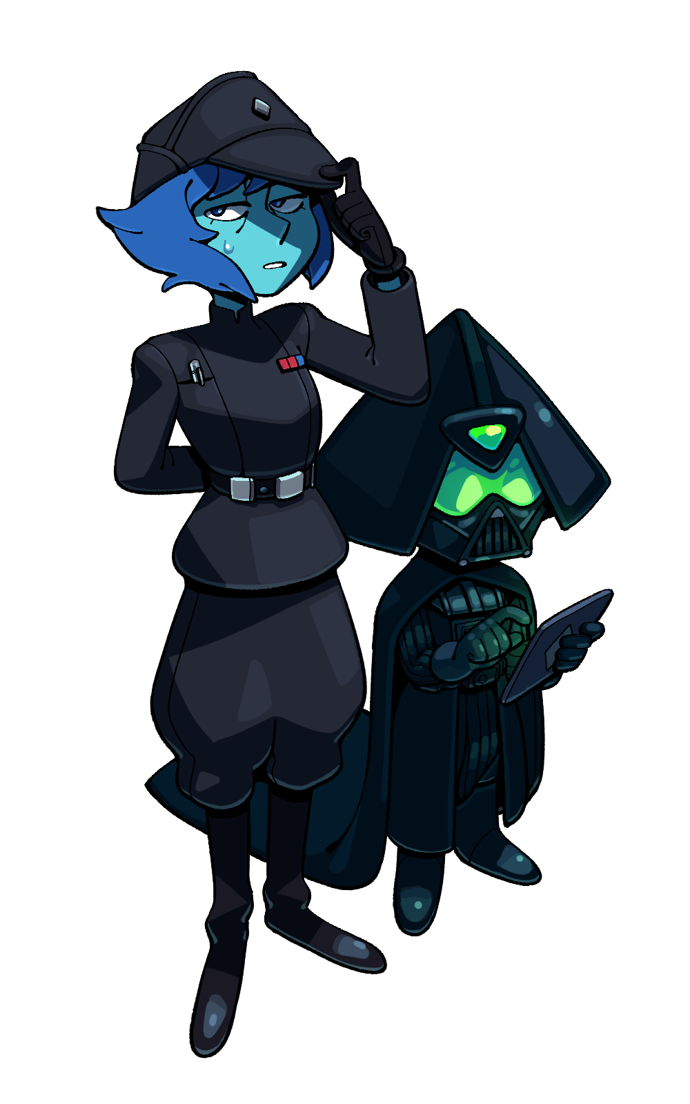 2girls, blue_eyes, cape, cosplay, darth_vader, darth_vader_(cosplay), discount-supervillain, full_body, gloves, height_difference, helmet, highres, holding, lapis_lazuli_(steven_universe), multiple_girls, peridot_(steven_universe), short_hair, star_wars, steven_universe