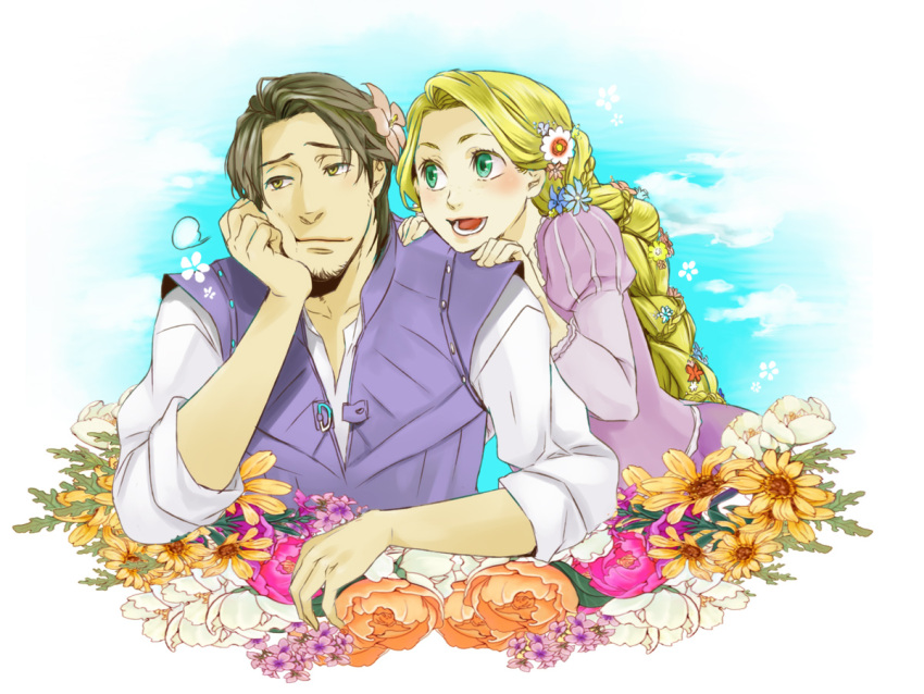 1boy, 1girl, blonde_hair, braid, brown_hair, couple, disney, flower