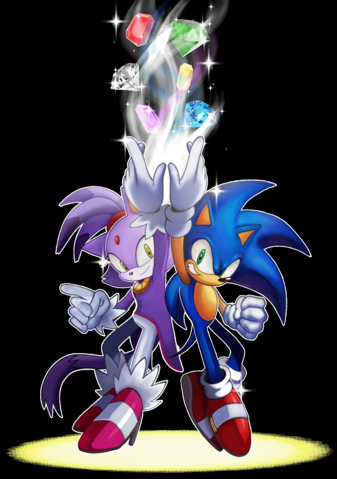 1boy, 1girl, arm_up, back-to-back, black_background, blaze_the_cat, blnkn01z, cat_girl