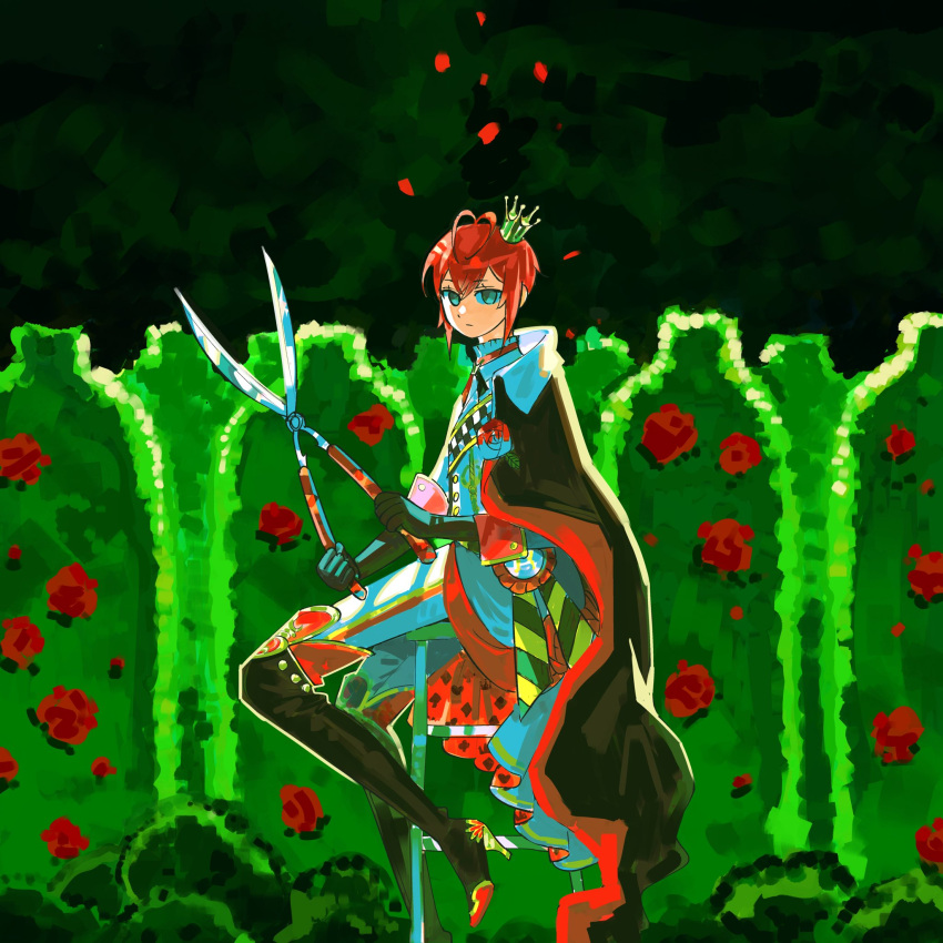 1boy, antenna_hair, award_ribbon, bar_stool, black_boots, black_gloves, boots, cape