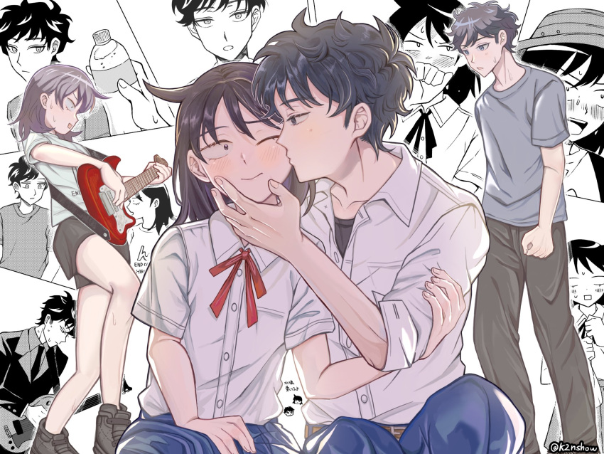 1boy, 1girl, bien_(k2nshow), black_hair, black_pants, black_shoes, blush, bottle