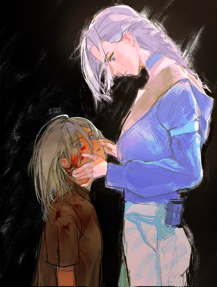 1girl, absurdres, age_progression, black_background, blood, blood_on_face, blue_eyes, blue_jacket, braid, braided_ponytail, brown_shirt, grey_hair, grey_pants, highres, jacket, long_sleeves, luo_xiaohei_zhanji, luye_(the_legend_of_luoxiaohei), pants, profile, shirt, short_sleeves, weibo_2599164105