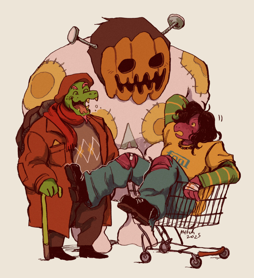 1boy, 1girl, 1other, :o, argyle_clothes, argyle_sweater, bandaged_hand, bandages