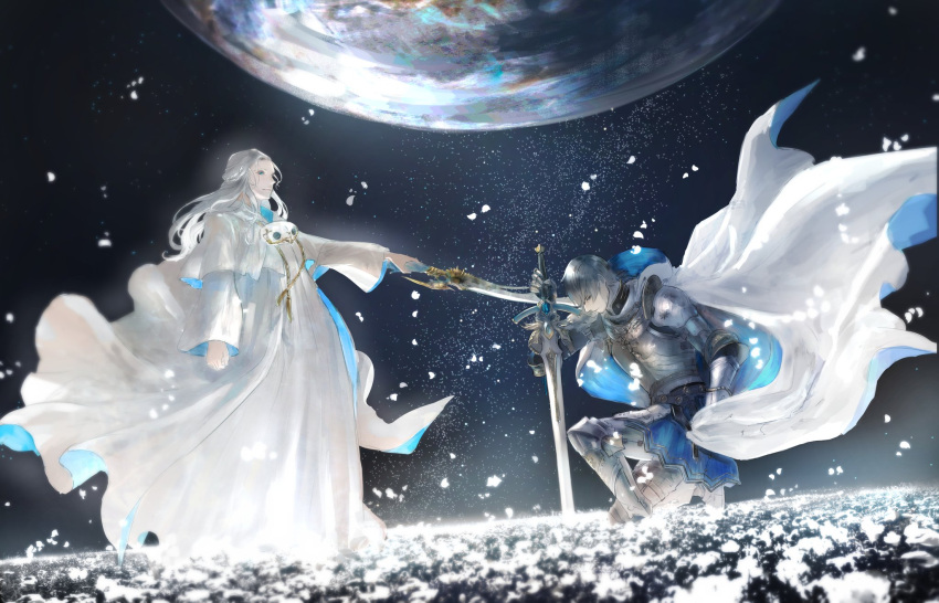1boy, 1girl, adventurer_(ff14), armor, black_hair, blue_eyes, breastplate, cape