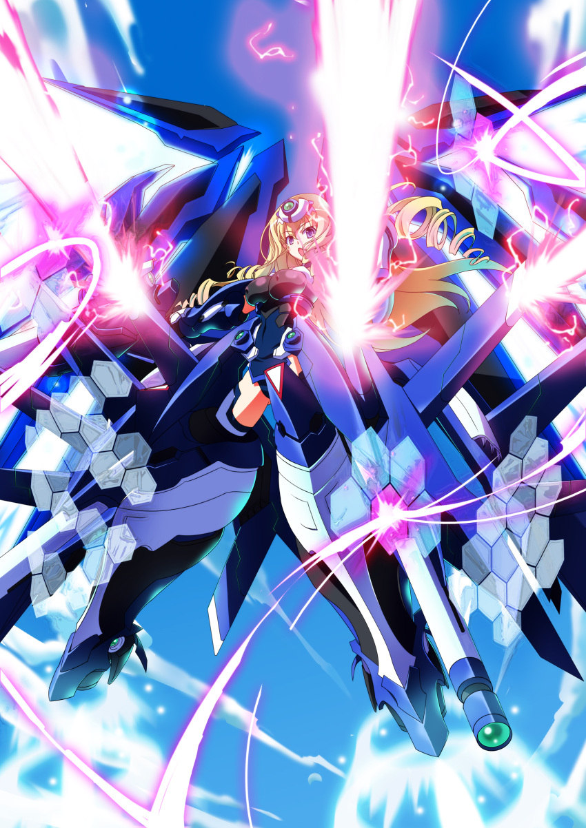 absurdres, beam_rifle, blonde_hair, blue_eyes, blue_sky, blue_tears, bodysuit, breasts