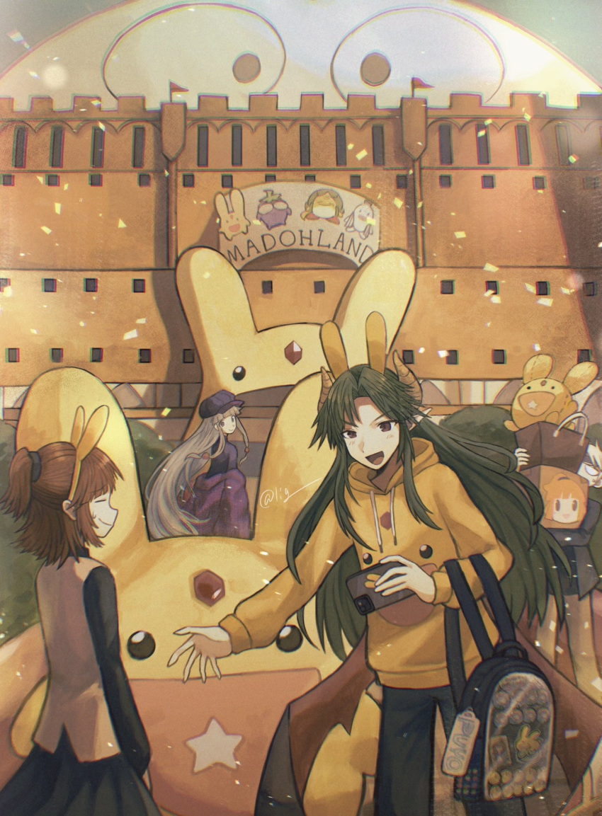 2boys, 2girls, :d, alternate_costume, animal_ears, artist_name, bag, black_jacket