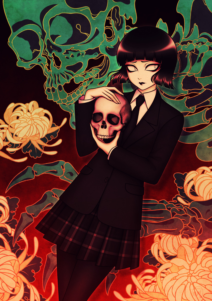 1girl, absurdres, black_hair, black_jacket, black_lips, black_necktie, black_pantyhose, black_skirt, clip_studio_paint_(medium), closed_mouth, collared_shirt, commentary, english_commentary, flower, highres, holding, holding_skull, jacket, long_sleeves, mizore_ito_(sketchmenot), mole, mole_under_eye, necktie, original, pale_skin, pantyhose, shirt, short_hair, skeleton, sketchmenot, skirt, skull, solo, white_eyes, white_shirt