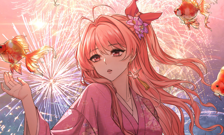 1girl, :o, antenna_hair, breasts, chaos;head, fingernails, fireworks, fish_request