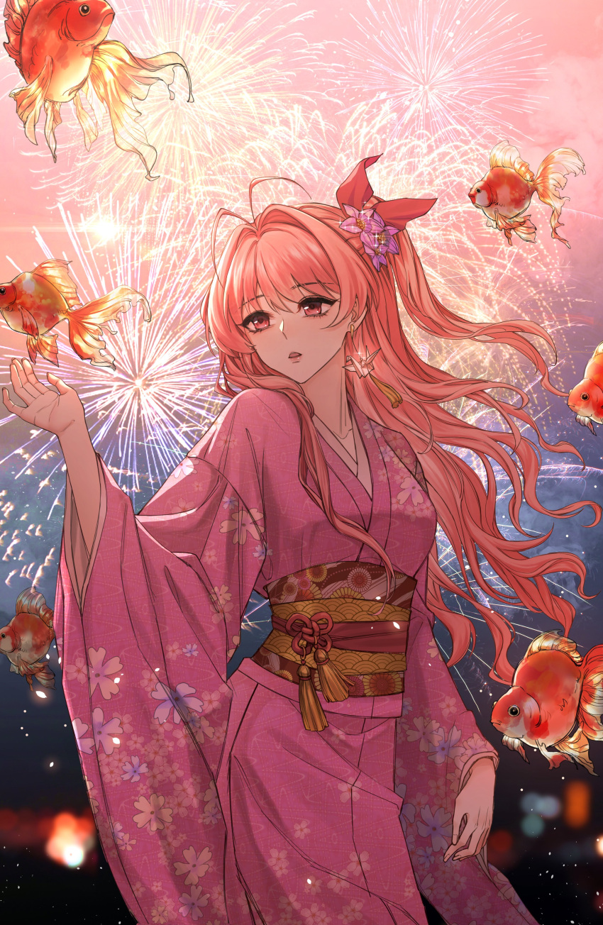 1girl, :o, absurdres, antenna_hair, breasts, chaos;head, fingernails, fireworks