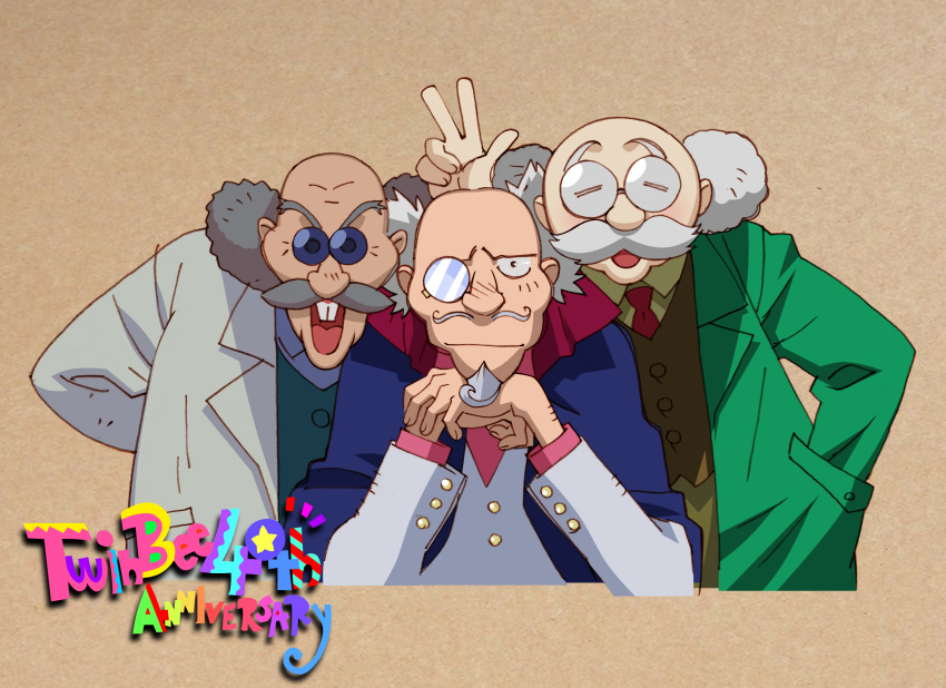 3boys, :d, absurdres, anniversary, bald, brown_background, brown_vest, buck_teeth, doctor_mardock, doctor_shinnamon, doctor_warumon, facial_hair, glasses, goatee, green_jacket, grey_hair, hamakawa_shuujirou, hand_in_pocket, highres, jacket, konami, lab_coat, male_focus, monocle, multiple_boys, mustache, necktie, old, old_man, red_necktie, smile, sunglasses, teeth, trait_connection, twinbee, upper_body, v, vest