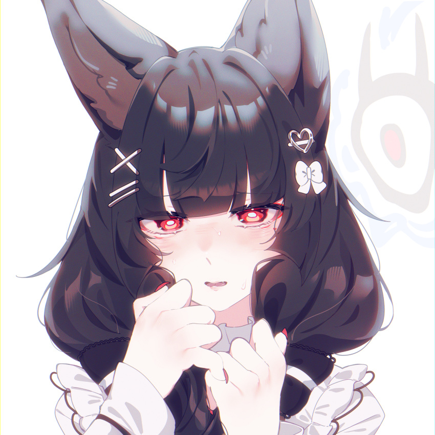 1girl, absurdres, animal_ear_fluff, animal_ears, black_hair, blush, bright_pupils, fox_ears