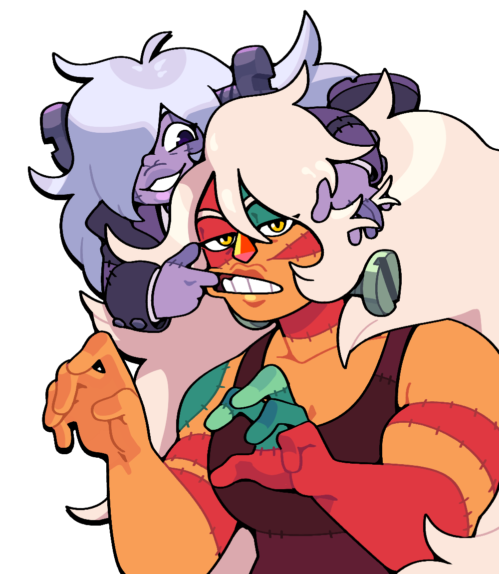 2girls, alternate_costume, amethyst_(steven_universe), breasts, colored_skin, discount-supervillain, gem, grin