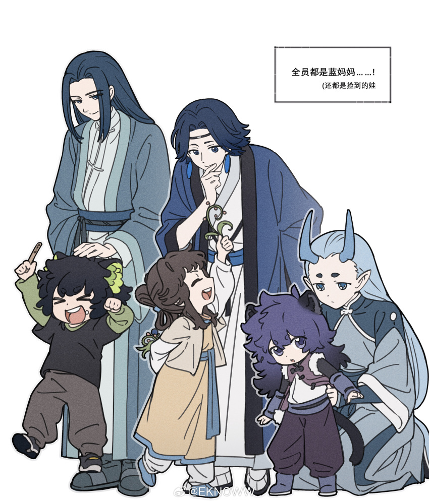 1girl, 5boys, animal_ears, aqua_hair, aqua_horns, black_hair, black_shoes, blue_hair