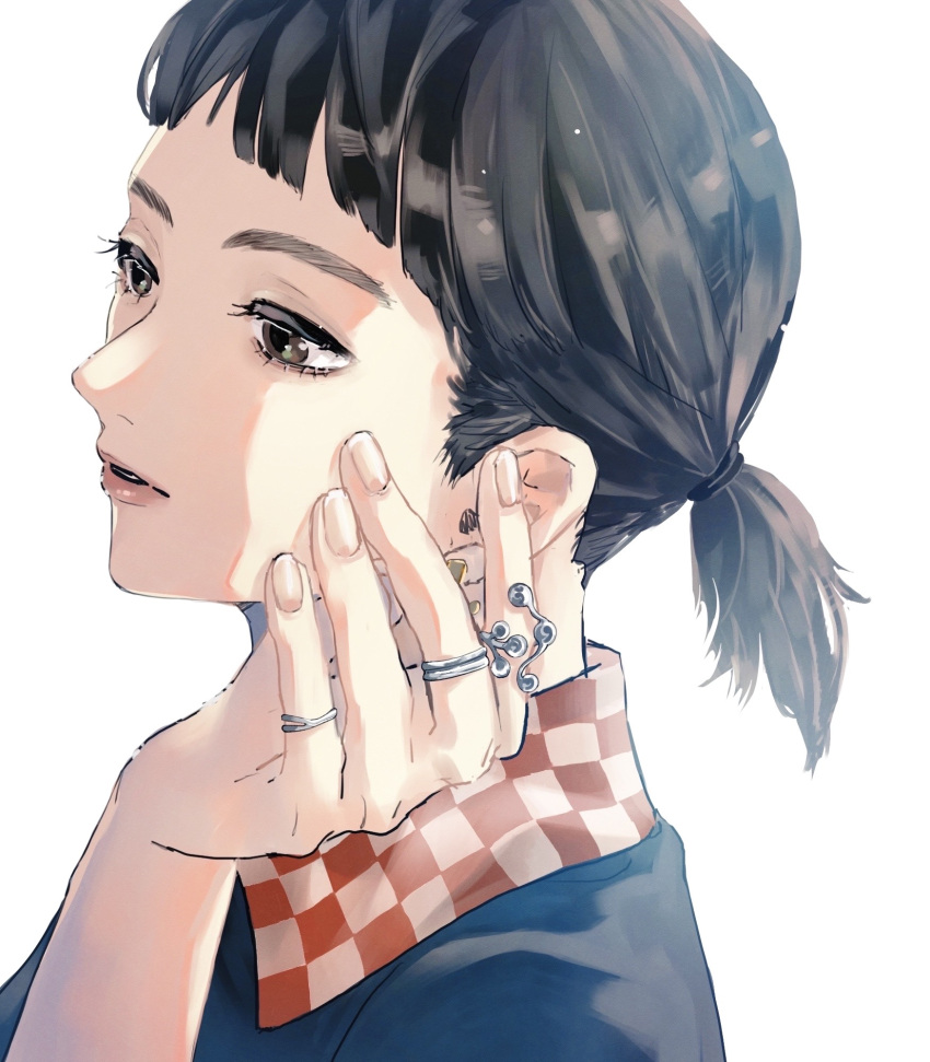 1girl, black_hair, blue_shirt, brown_eyes, checkered_clothes, commentary, contrast_collar, earrings