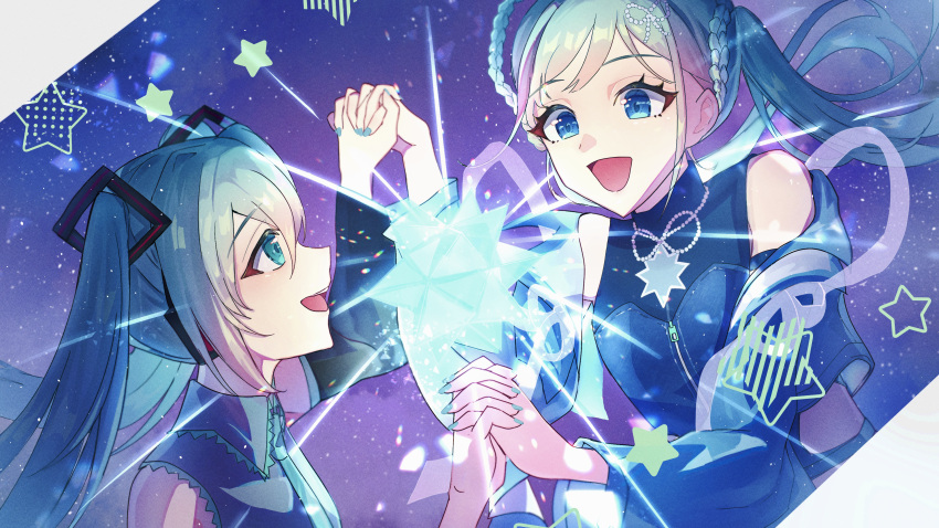 2girls, absurdres, aqua_eyes, aqua_hair, aqua_nails, aqua_necktie, blue_eyes, blue_jacket