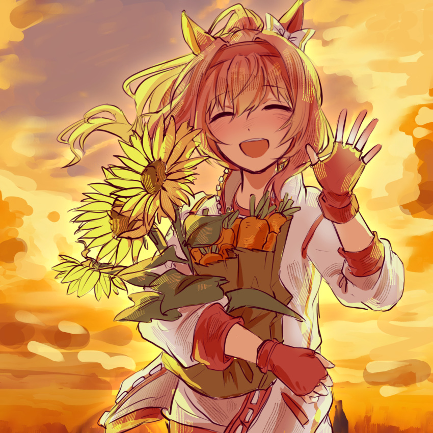 1girl, animal_ears, closed_eyes, dusk, ear_covers, facing_viewer, fingerless_gloves, flower