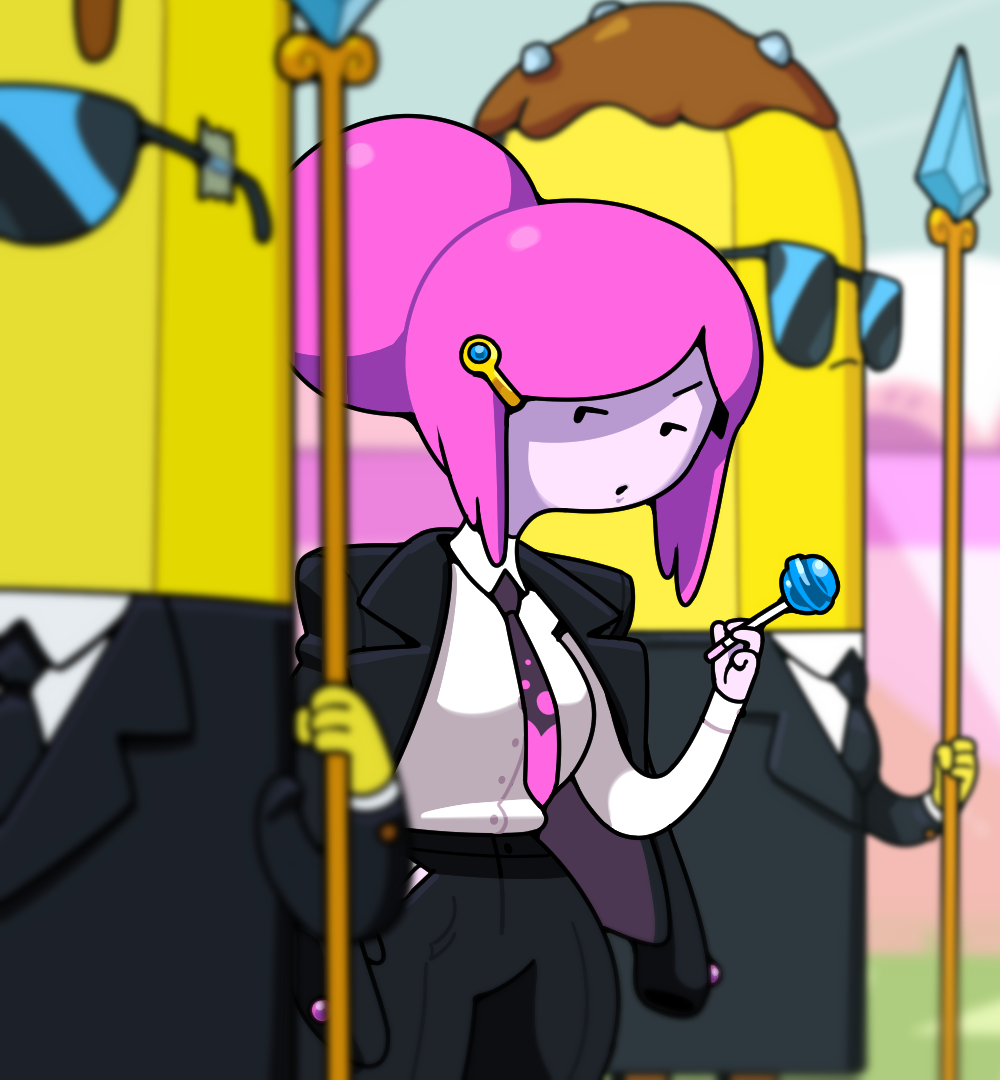 1girl, 2boys, adventure_time, banana_guard, candy, colored_skin, discount-supervillain, food, formal_clothes, hair_ornament, hairclip, lollipop, multiple_boys, necktie, pants, pink_hair, pink_skin, princess_bonnibel_bubblegum, sidelocks, suit, sunglasses, toon_(style), updo