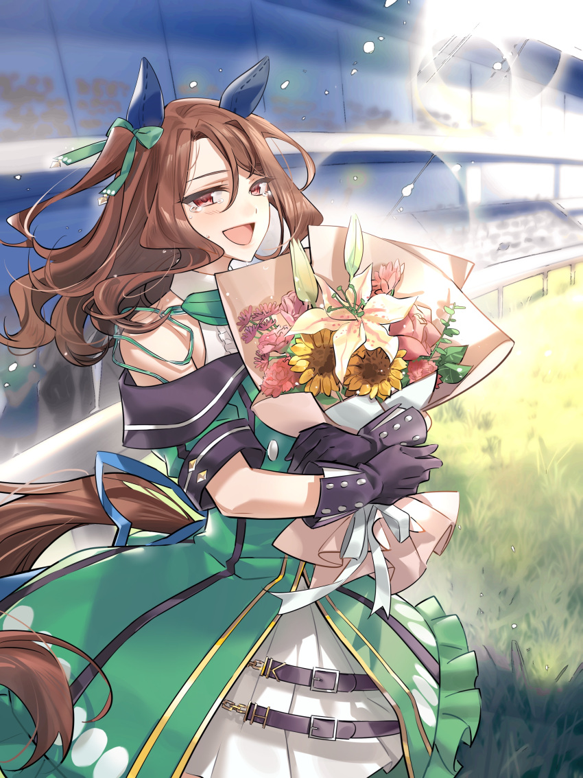 1girl, absurdres, auditorium, black_gloves, brown_hair, crowd, dress, ear_covers