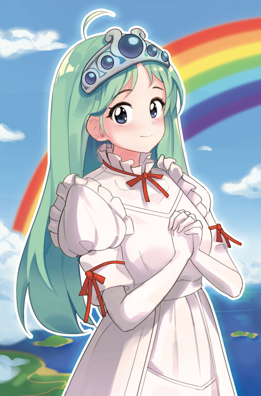 1girl, ahoge, blush, clouds, creenoy, day, dress, elbow_gloves