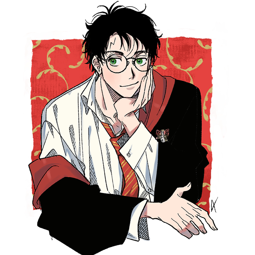 1boy, black_hair, border, closed_mouth, commentary, glasses, green_eyes, gryffindor