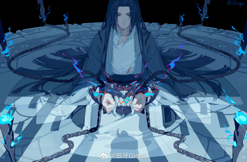 1boy, blue_fire, chain, chinese_clothes, cuffs, fire, full_body, long_hair, luo_xiaohei_zhanji, shackles, sitting, solo, very_long_hair, weibo_1581197152, wuxian_(the_legend_of_luoxiaohei)