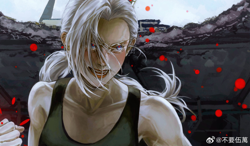 1girl, black_tank_top, blue_eyes, blush, grey_hair, highres, long_hair, luo_xiaohei_zhanji, luye_(the_legend_of_luoxiaohei), parted_lips, ponytail, red_pupils, solo, tank_top, weibo_5494783848