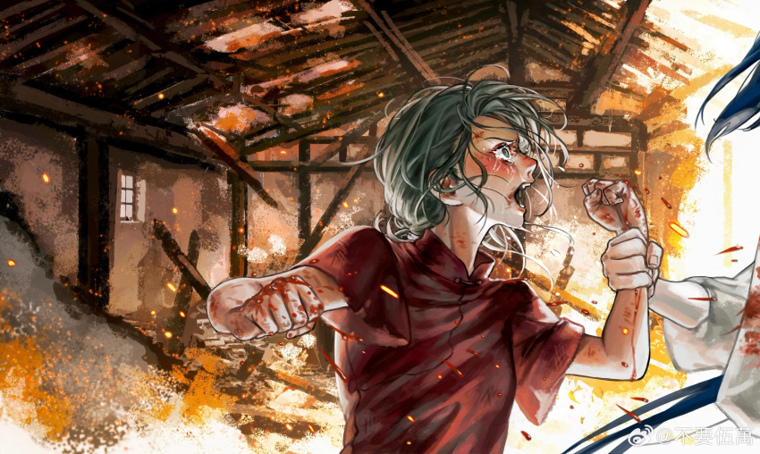 1boy, 1girl, blood, blood_on_hands, blue_eyes, blush, burning, burning_building, fire, grey_hair, highres, indoors, luo_xiaohei_zhanji, luye_(the_legend_of_luoxiaohei), open_mouth, profile, red_shirt, shirt, short_sleeves, solo_focus, tears, upper_body, weibo_5494783848, wuxian_(the_legend_of_luoxiaohei)