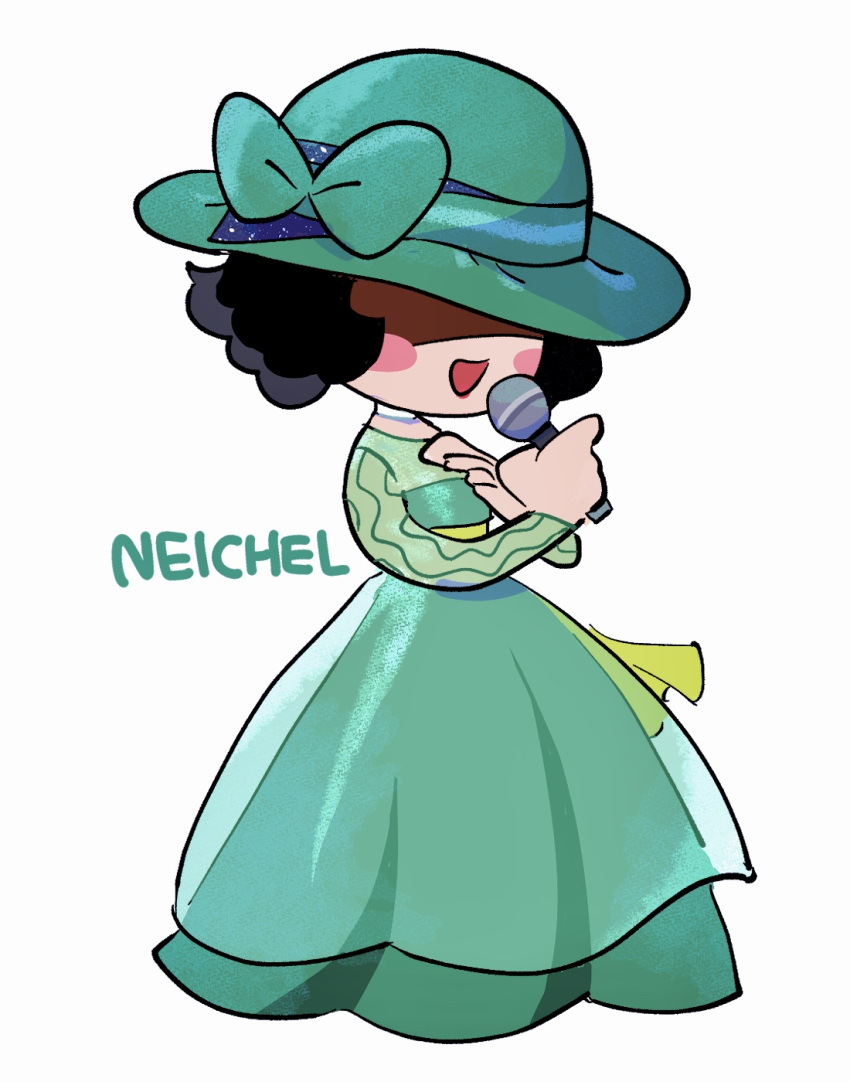 1girl, black_hair, blush_stickers, dress, full_body, green_dress, green_hat, hat