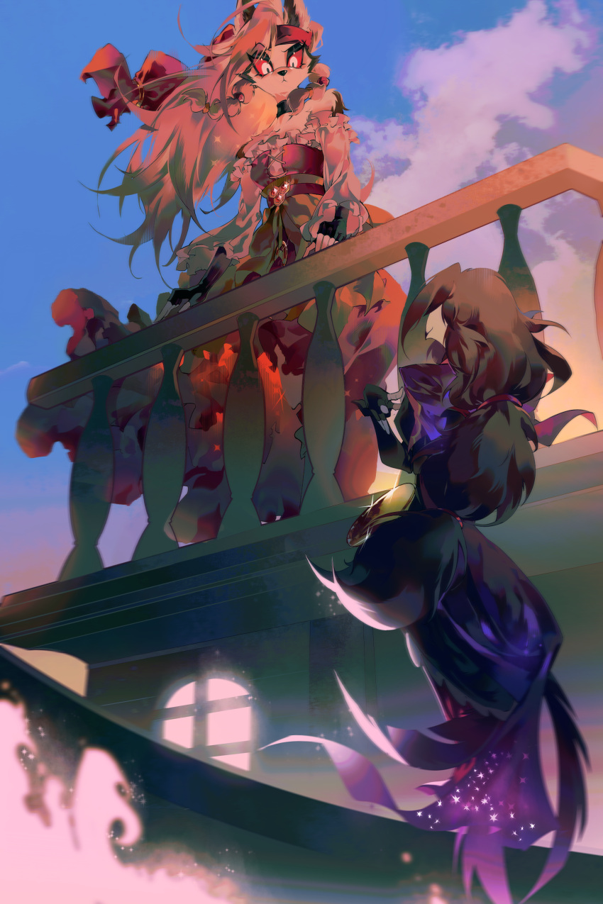 2girls, absurdres, animal_ears, black_feathers, dog_ears, dog_girl, dog_tail, feathers