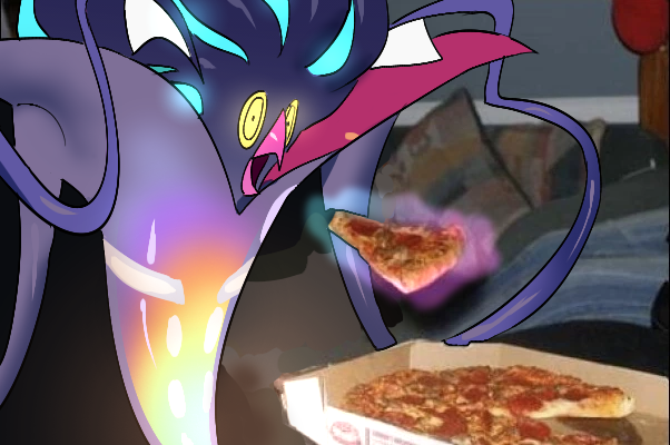 beak, black_sclera, colored_sclera, floating, food, levitation, malamar, man_levitating_pizza_(meme), mega_malamar, mega_pokemon, meme, no_humans, open_mouth, pepperoni, pepperoni_pizza, pizza, pizza_box, pizza_slice, pokemon, pokemon_(creature), pokemon_focus, pokemon_legends:_z-a, rkrekrnl1, solo, telekinesis, tentacles, yellow_eyes