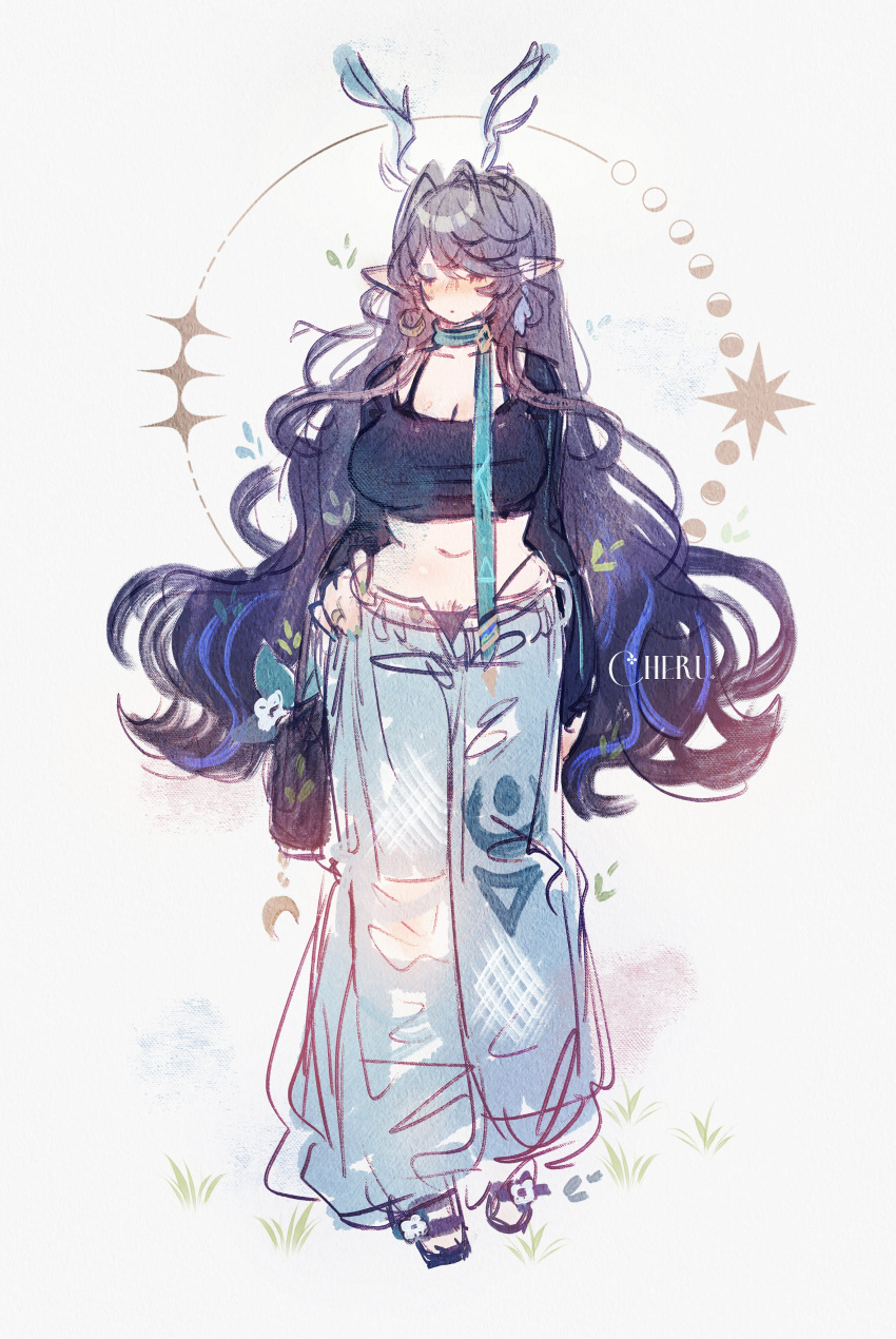 absurdres, alternate_costume, antler_ornament, antlers, blue_eyeshadow, cheru_(cheruleanart), closed_eyes, crop_top