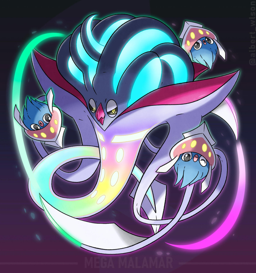 :o, albrt-wlson, beak, black_sclera, character_name, closed_mouth, colored_sclera, commentary, english_commentary, evolutionary_line, highres, inkay, malamar, mega_malamar, mega_pokemon, no_humans, one_eye_closed, open_mouth, pokemon, pokemon_(creature), pokemon_focus, pokemon_legends:_z-a, smile, squid, tentacles, yellow_eyes