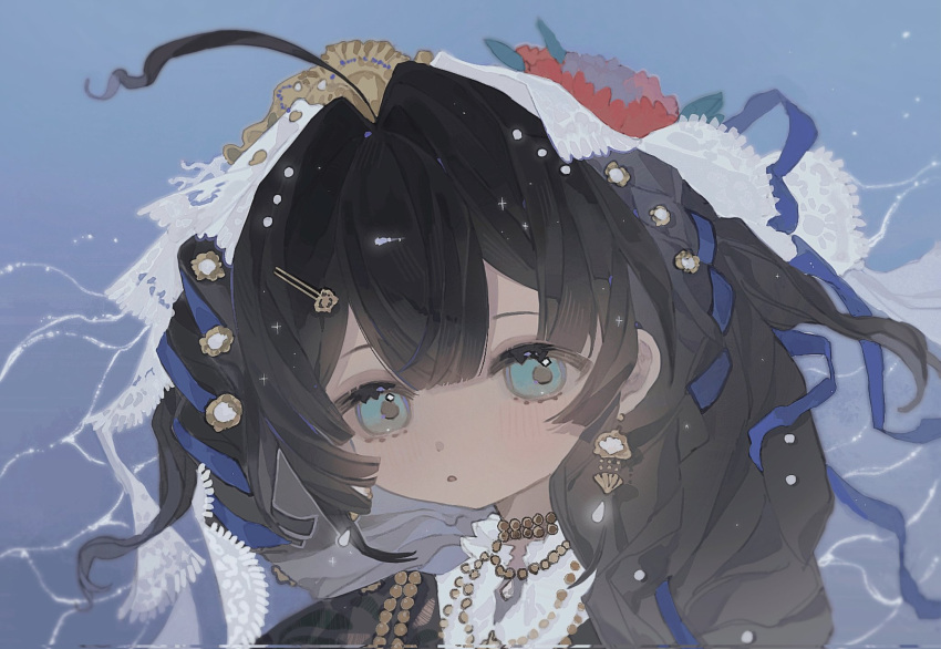 1girl, :o, ahoge, bead_necklace, beads, blue_background, blue_eyes, dark-skinned_female