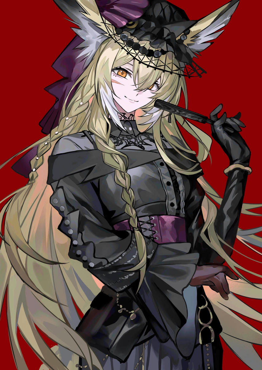 1girl, absurdres, ambience_synesthesia, animal_ear_fluff, arknights, black_dress, black_gloves, blonde_hair