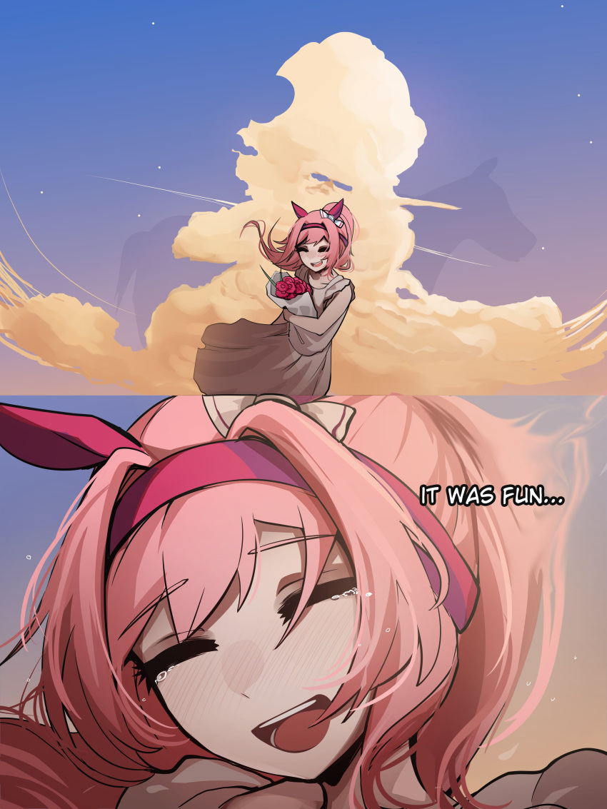 1girl, absurdres, animal_ears, bouquet, bow, closed_eyes, clouds, commentary