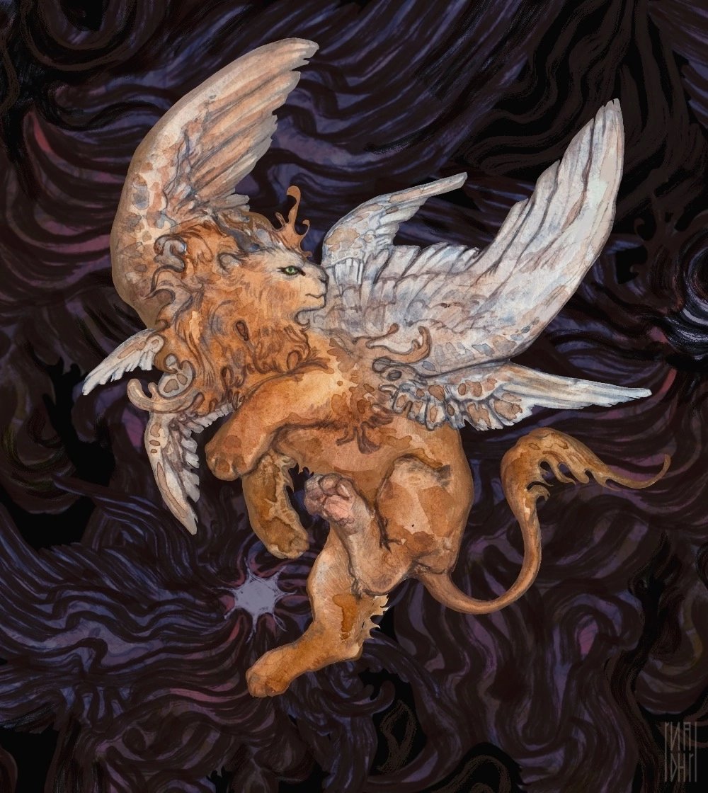animal, demon, demon_horns, dungeon_meshi, feathered_wings, horns, lion, mane