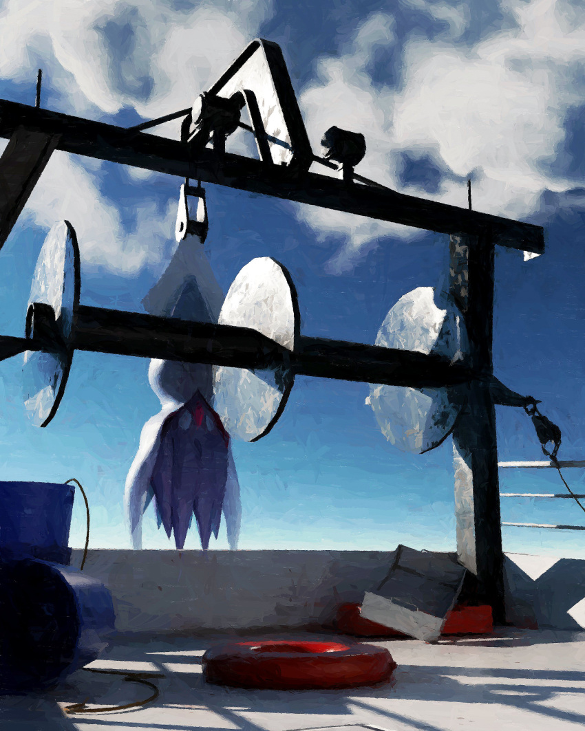 absurdres, beak, blue_sky, boat, bucket, closed_eyes, clouds, cloudy_sky, hanging, highres, lifebuoy, malamar, no_humans, painting_(medium), pokemon, pokemon_(creature), pokemon_focus, rivalclay, sky, solo, squid, swim_ring, tentacles, traditional_media, watercraft, winch