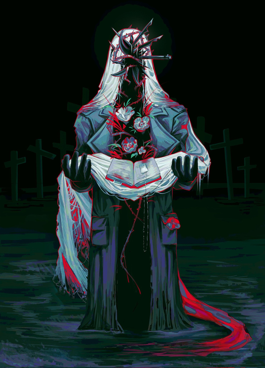 1boy, black_background, black_gloves, blue_coat, charon_(reverse:1999), coat, dog_tags, facing_viewer, feet_out_of_frame, flower, gloves, highres, holding_veil, knife, male_focus, notebook, object_head, poppy_(flower), red_flower, reverse:1999, riba_(chelinya), solo, standing, veil, wading, water, white_flower, white_veil