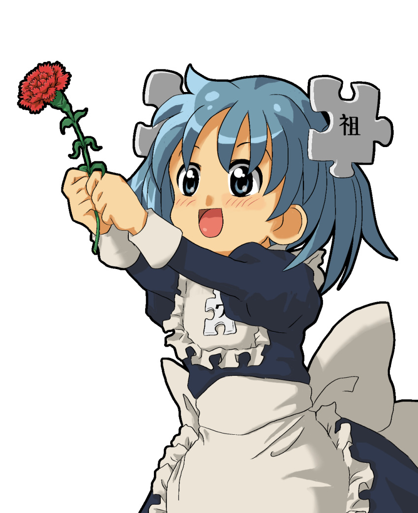1girl, :d, blue_eyes, blue_hair, blush, carnation, flower, highres