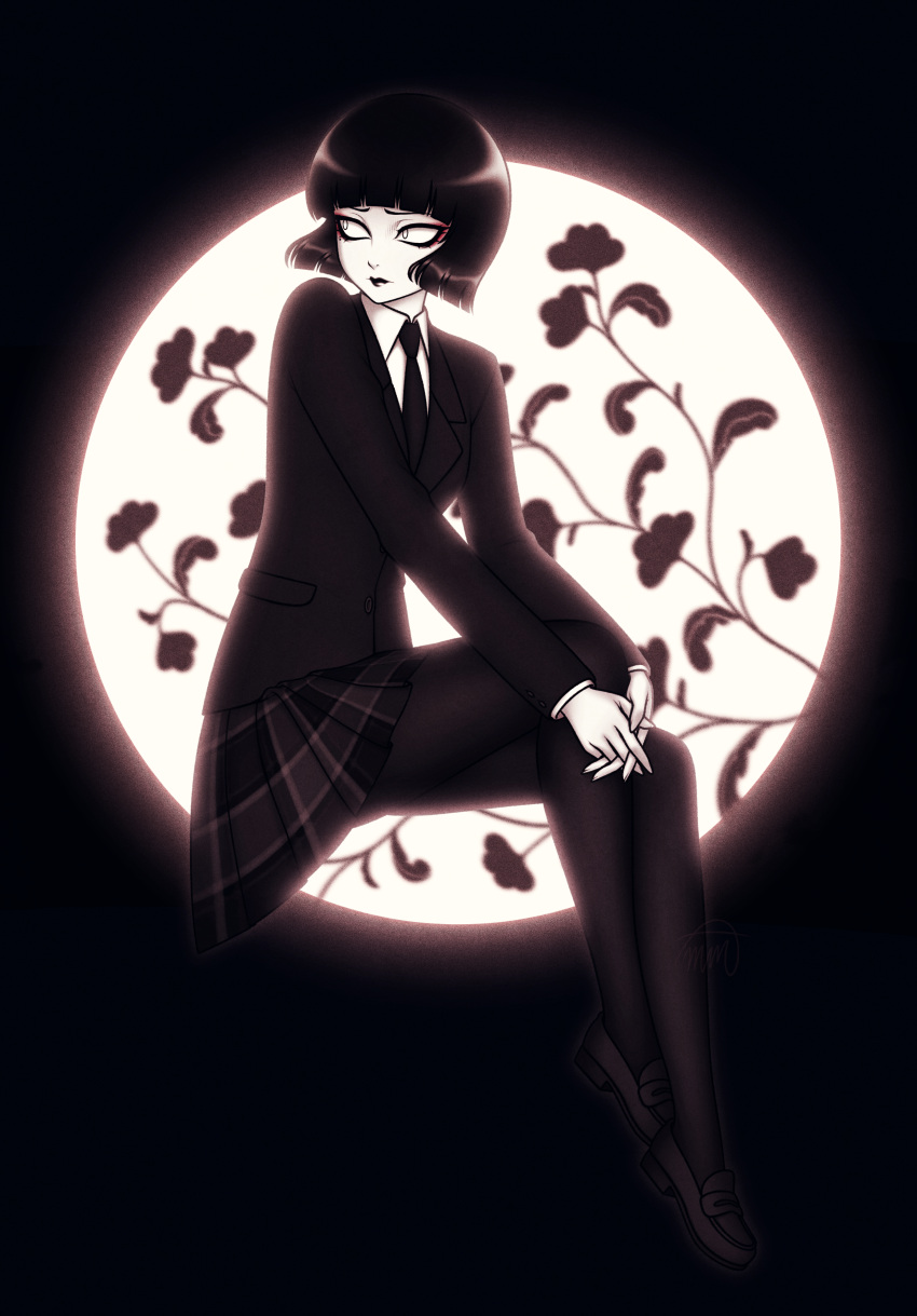 1girl, absurdres, black_hair, black_jacket, black_lips, black_necktie, black_pantyhose, black_shoes, black_skirt, blunt_bangs, clip_studio_paint_(medium), closed_mouth, collared_shirt, commentary, english_commentary, eyelashes, full_body, highres, jacket, long_sleeves, mizore_ito_(sketchmenot), necktie, original, pale_skin, pantyhose, shirt, shoes, short_hair, signature, sitting, sketchmenot, skirt, solo, white_eyes, white_shirt