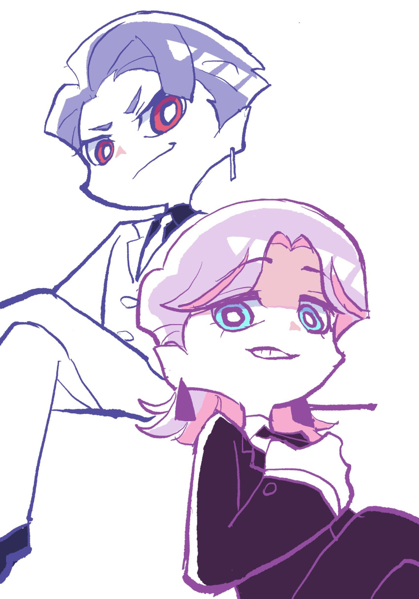 2boys, alternate_hairstyle, black_shirt, blue_eyes, brothers, crossed_legs, earrings, eyelashes