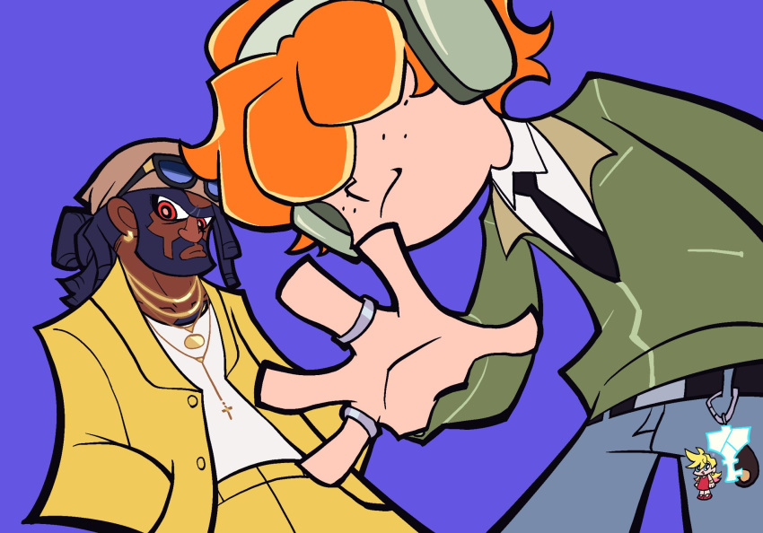 2boys, alternate_hairstyle, bandana, beard, black_necktie, brief_(psg), charm_(object), chest_hair_peek