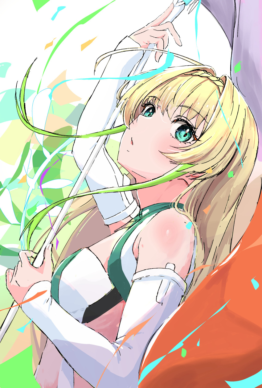 1girl, abi_(253seki), absurdres, aqua_eyes, bare_shoulders, blonde_hair, breasts, eyelashes, flag, from_side, green_hair, hair_intakes, highres, long_hair, medium_breasts, monster_strike, multicolored_hair, nike_(monster_strike), solo, two-tone_hair, upper_body
