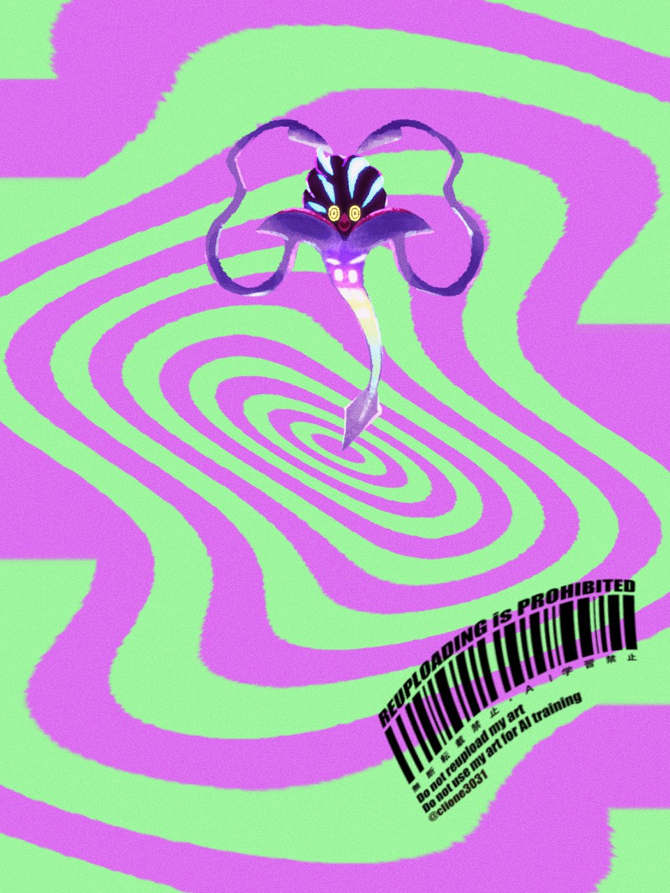 barcode, beak, choice_specs, clione3031, disclaimer, glowing, glowing_eyes, green_background