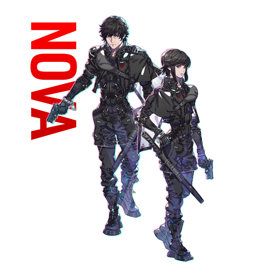 1boy, 1girl, artist_request, black_boots, black_eyes, black_gloves, black_hair, black_jacket